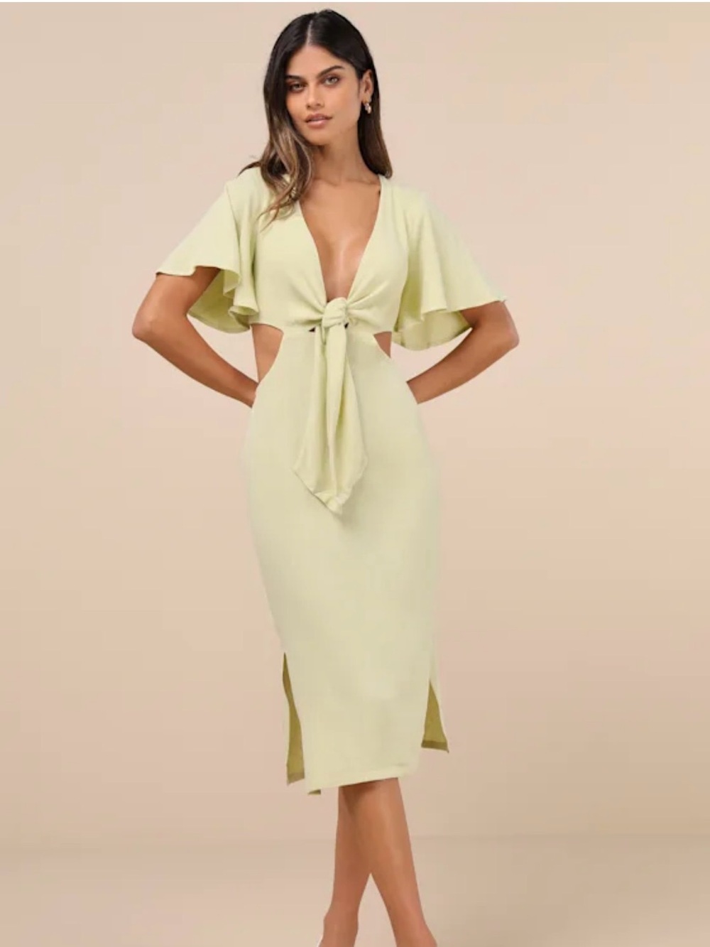 Lulu's Pale Yellow Twist-Front Cutout Midi Dress